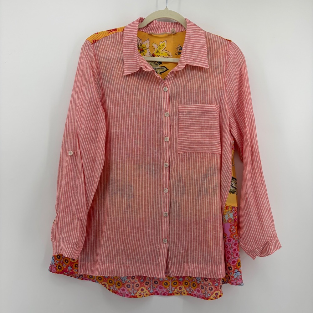 Soft Surroundings Womens PM Red Striped Linen Mixed Media Floral Patchwork Shirt